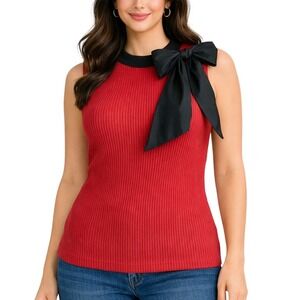 Anthropologie Dolan Left Coast Collection Red Ribbed Sleeveless Top Black Bow XS
